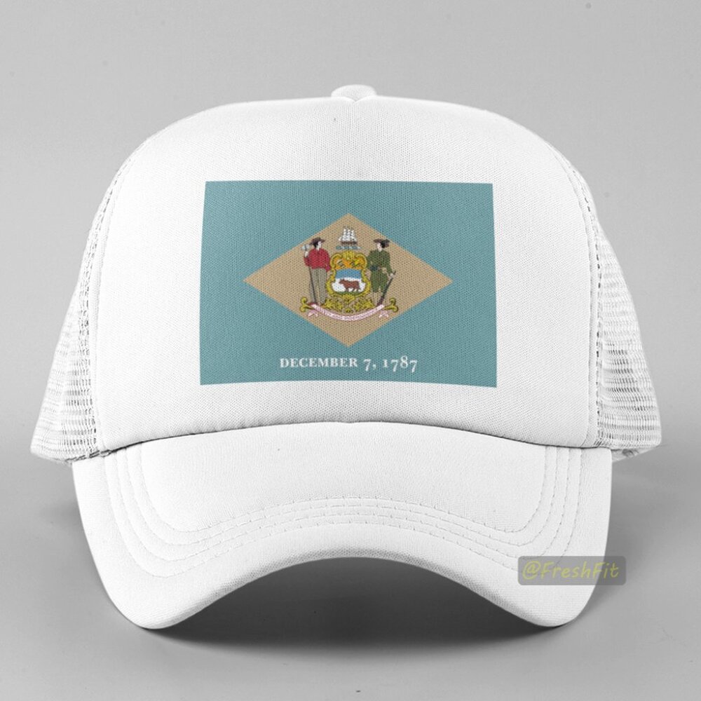 🆕Delaware State Flag White Foam Trucker Hat Mesh Snapback Cap